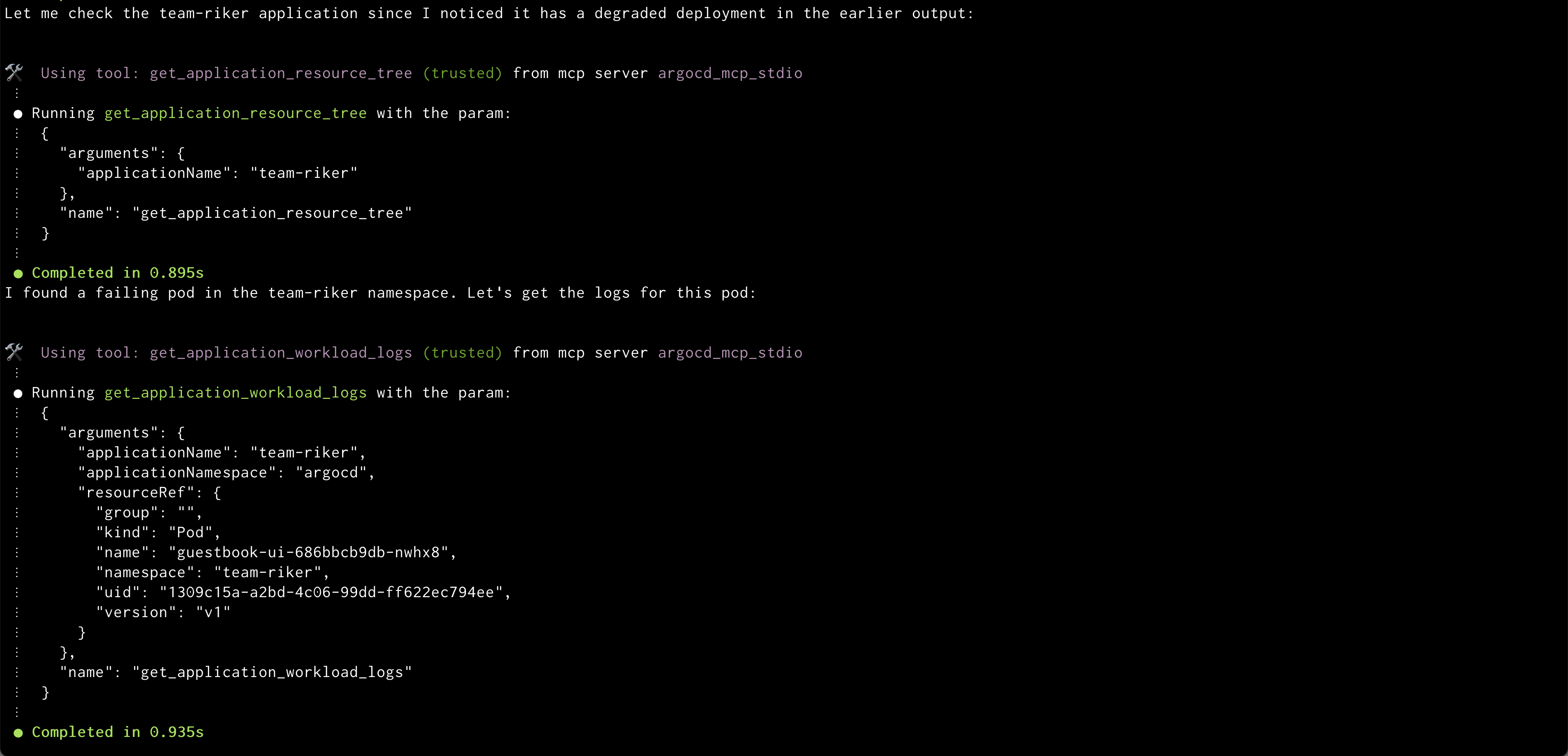 Amazon Q showing logs for the failing pod