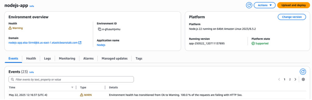 Figure 1. EB Dashboard showing the Warning health state, along with the reason for the health status