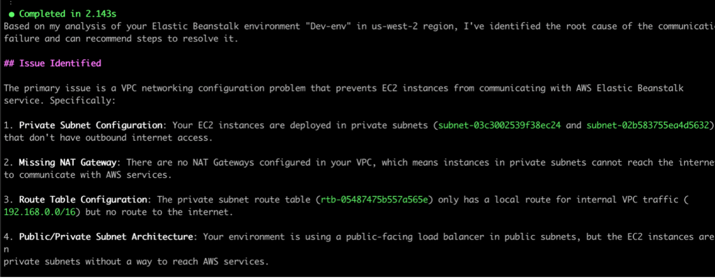 Figure 4. Q CLI identified network configuration issues