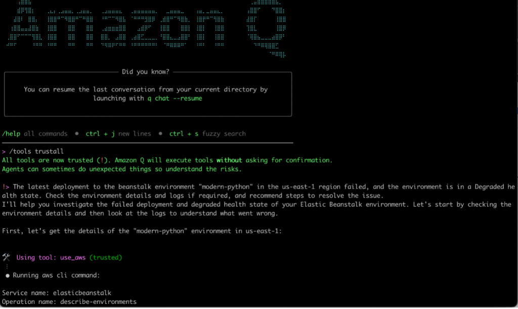 Figure 7. Q CLI prompt to troubleshoot the python deployment issue