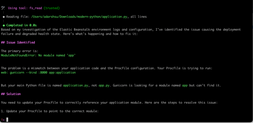 Figure 8. Q CLI identifies the reason for deployment failure, and recommends updating the Procfile