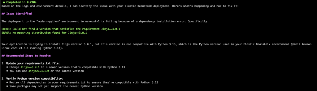 Figure 6. Q CLI identified the reason for command failure and provides solutions