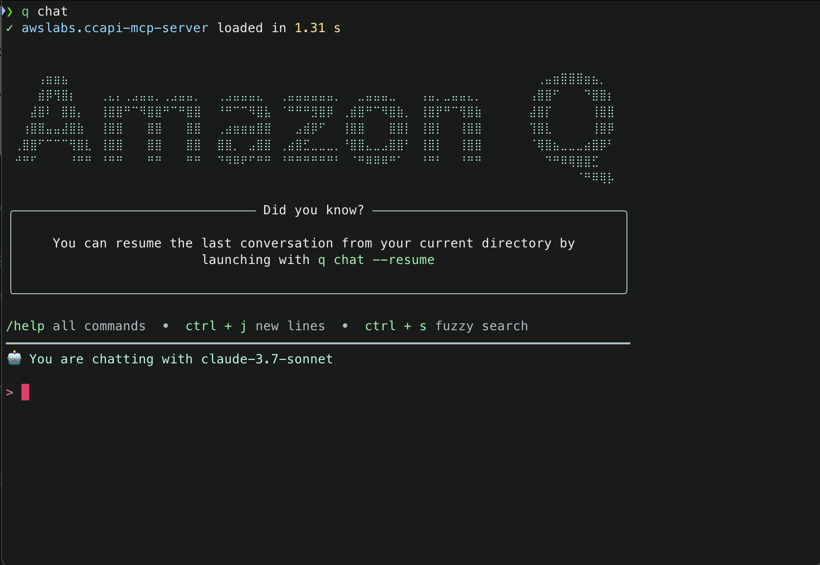 Terminal screen showing 'q chat' command with AWS Labs CCAPI MCP Server loaded in 1.31 seconds. Shows ASCII art banner and 'Did you know?' tip about resuming conversations with 'q chat --resume'. Bottom shows help commands and indicates chatting with claude-3.7-sonnet.