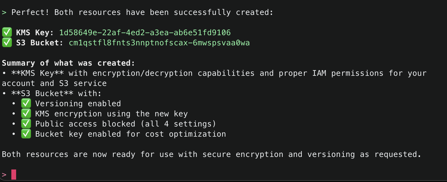 Success message showing both resources created: KMS Key (1d58649e-22af-4ed2-a3ea-ab6e51fd9106) and S3 Bucket (cm1qstfl8fnts3nnptnofscax-6mwspsvaa0wa) with summary of features including versioning enabled, KMS encryption, public access blocked, and bucket key enabled.