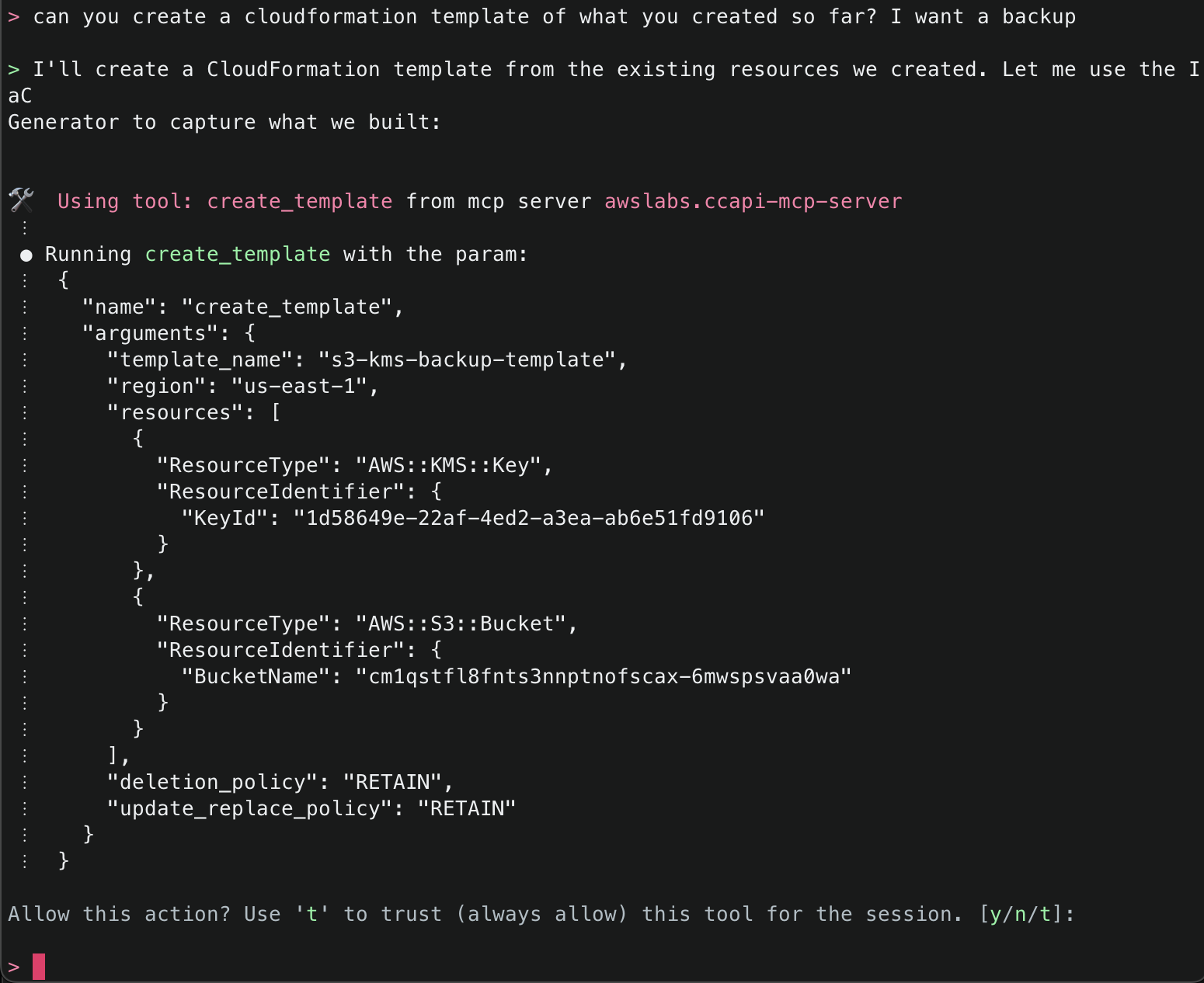 User requests CloudFormation template backup. Claude uses 'create_template' tool showing template name 's3-kms-backup-template' with resources array containing KMS Key and S3 Bucket resource types and identifiers.