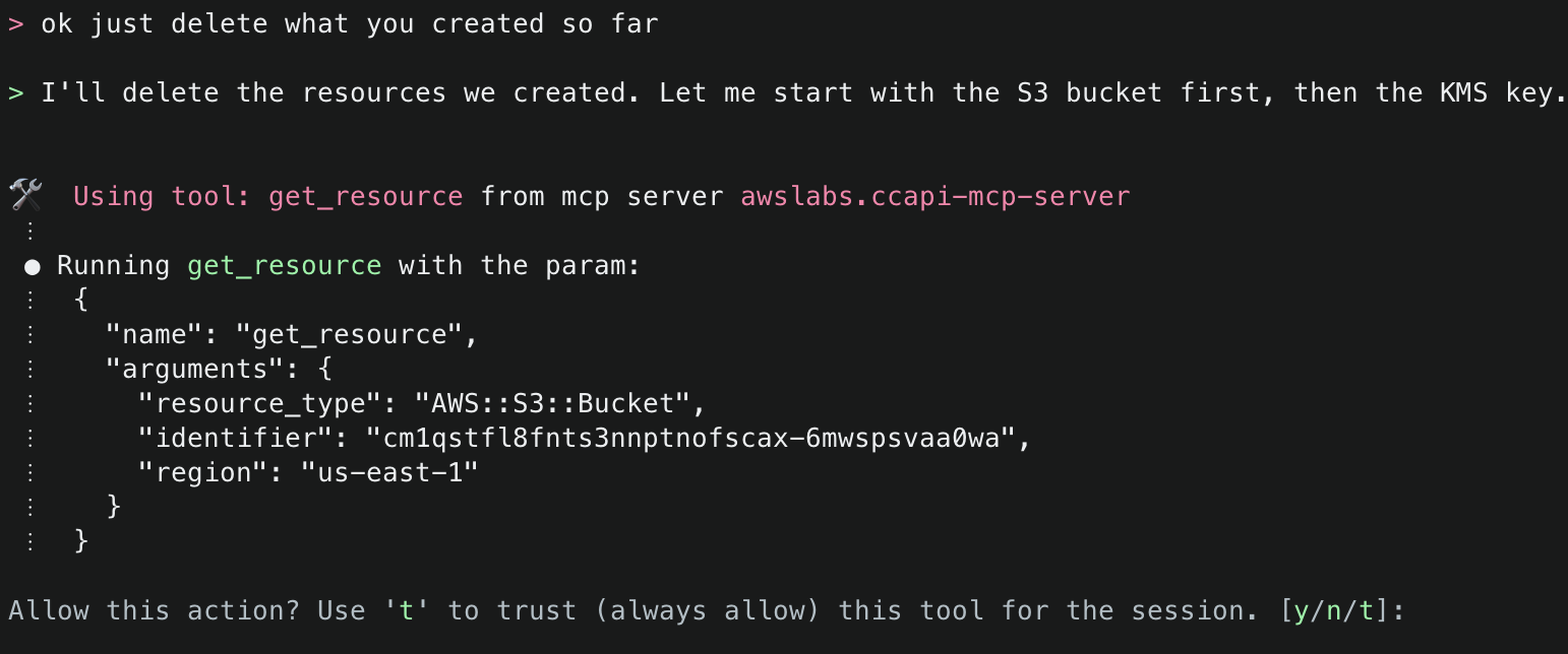 User clarifies to delete only what was created. Claude proceeds to delete resources, starting with S3 bucket using 'get_resource' tool with bucket identifier and resource type parameters.