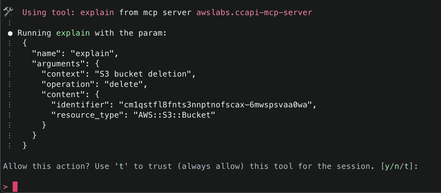 Tool execution for 'explain' showing S3 bucket deletion context with identifier and resource type AWS::S3::Bucket, asking for permission to proceed.