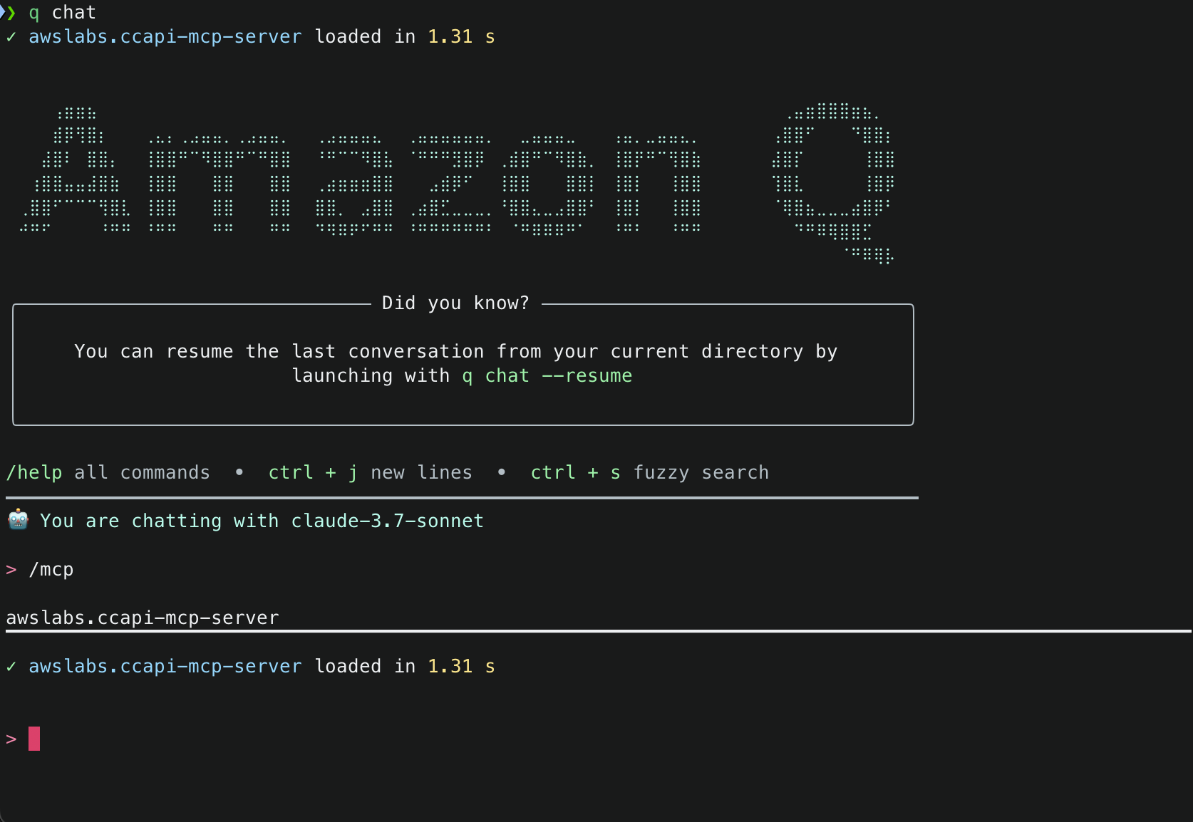 Terminal screen showing '/mcp' command being entered, with AWS Labs CCAPI MCP Server loaded confirmation and the same ASCII art banner displayed.