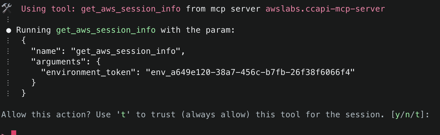 Tool execution for 'get_aws_session_info' with environment token parameter, showing JSON structure and asking for permission to allow this action.