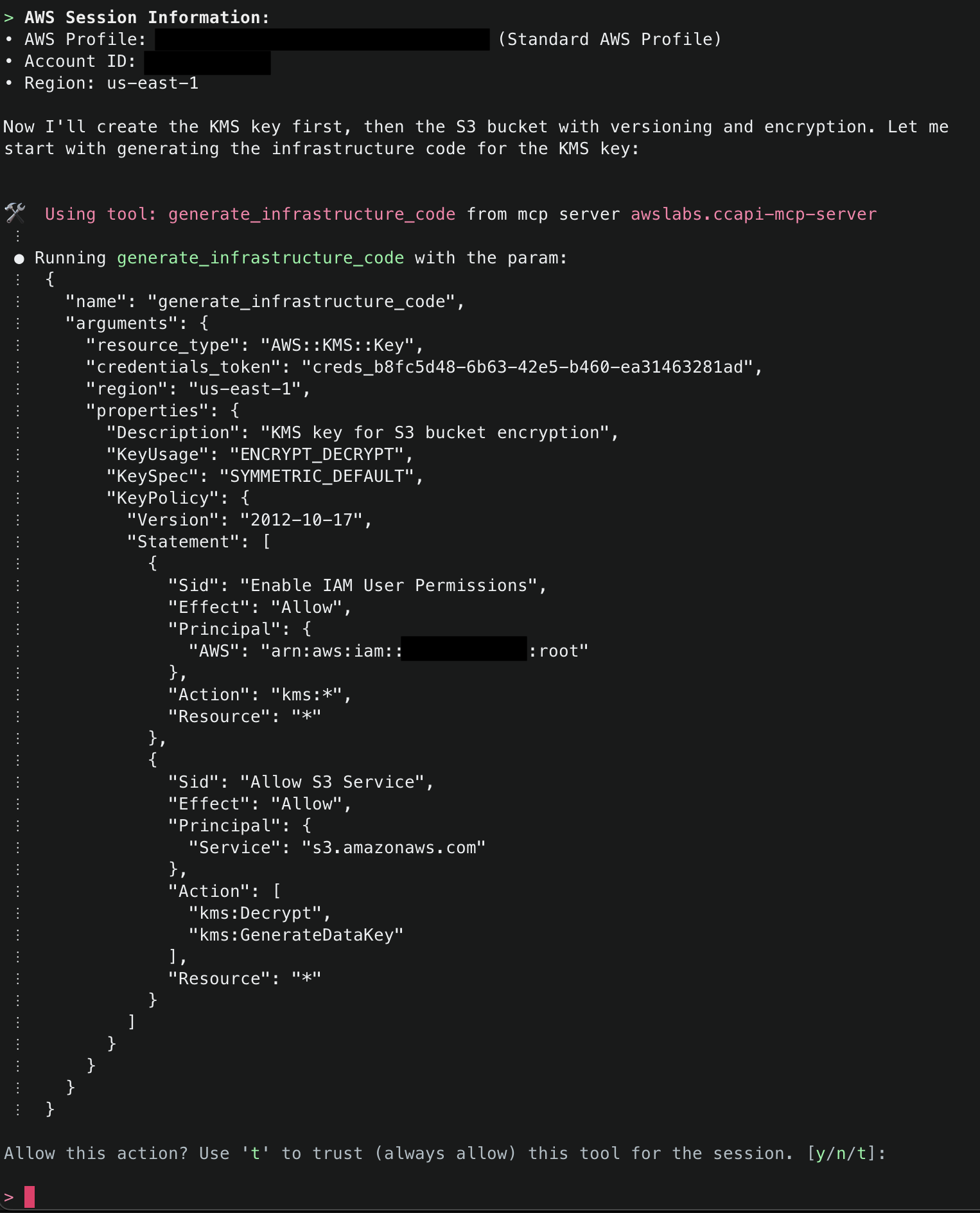 AWS Session Information display showing Standard AWS Profile, masked Account ID, and us-east-1 region. Claude explains it will create KMS key first, then S3 bucket, followed by 'generate_infrastructure_code' tool usage with JSON parameters for KMS key creation including description, key usage, and policy details.