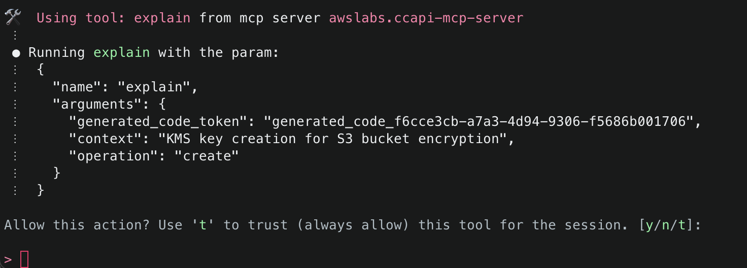 Tool execution for 'explain' function showing generated code token, context for KMS key creation, and operation type as 'create', asking for permission to proceed.