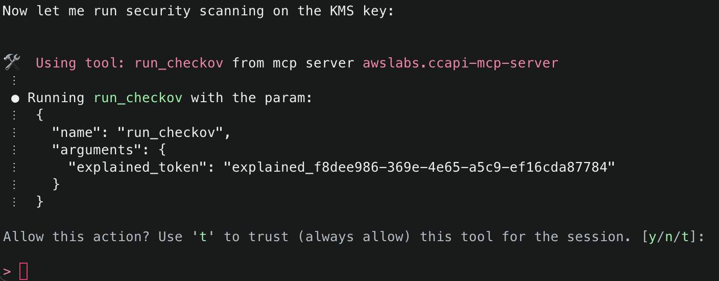 Claude initiating security scanning on the KMS key using 'run_checkov' tool with explained token parameter, asking for permission to proceed.