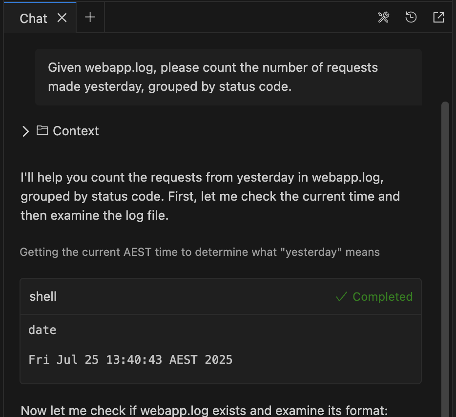 An image showing Amazon Q Developer in the IDE using the time rule to get the time and date