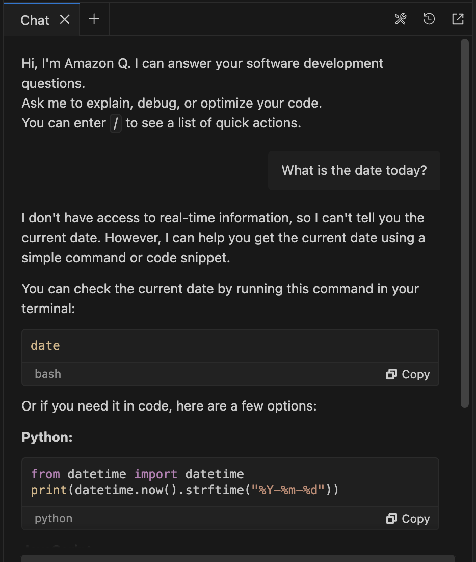 An image showing Amazon Q Developer in the IDE trying to understand what is the date