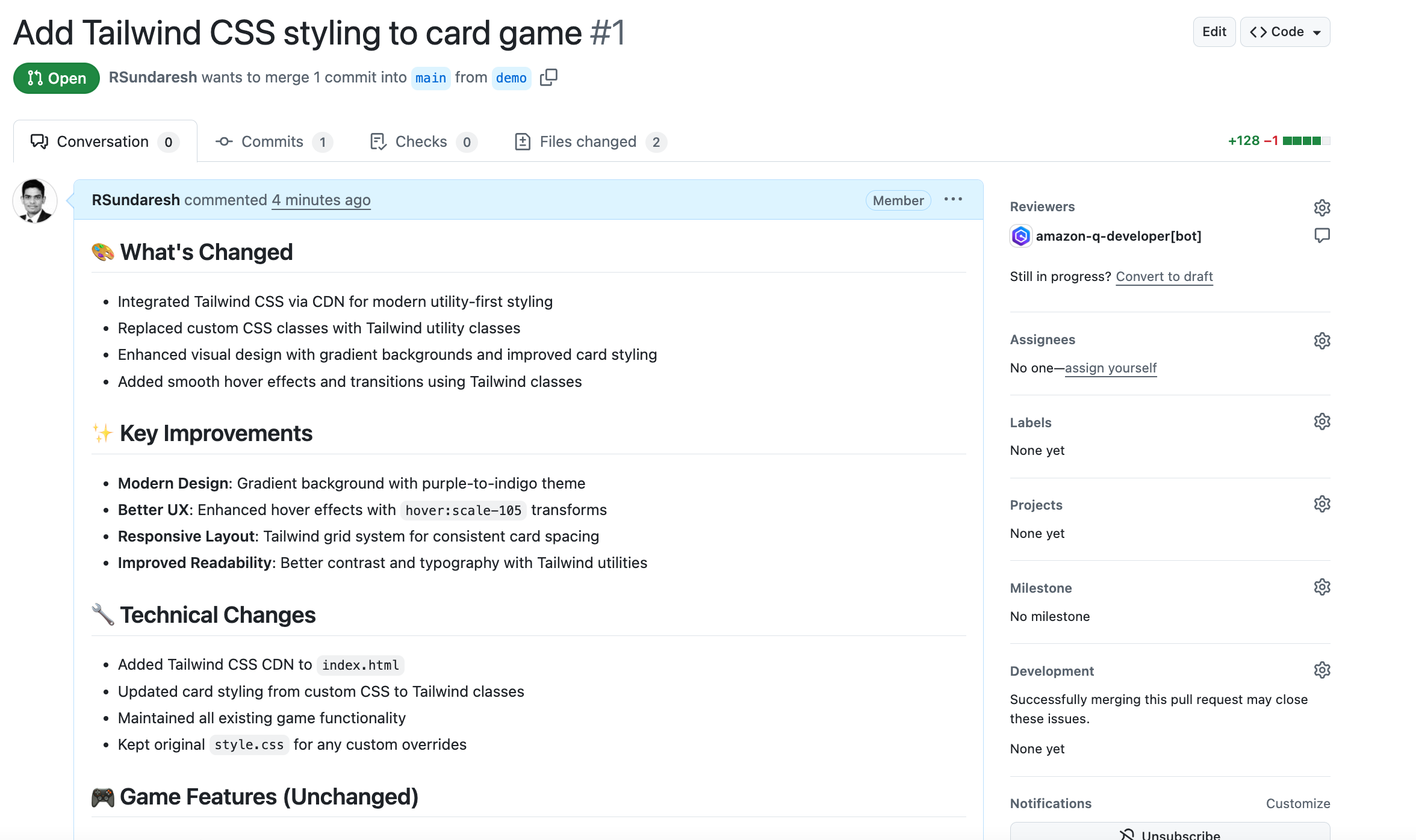 GitHub interface showing the creation of a new pull request for a demo branch, with changes to a tailwind.css file in a card game application