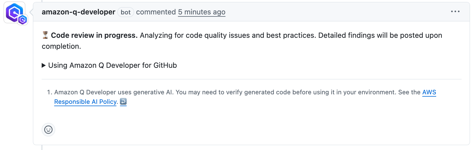 GitHub pull request interface showing a notification that Amazon Q Developer has automatically initiated a code review and is analyzing the changes, with a progress indicator