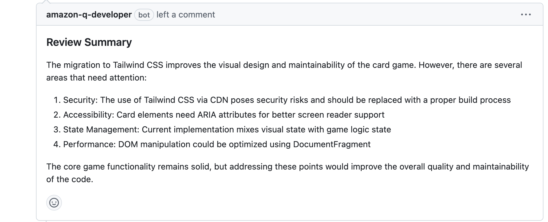 GitHub interface displaying Amazon Q Developer's completed review with a concise summary at the top and detailed findings organized in threaded comments below, highlighting code quality issues and suggested improvements