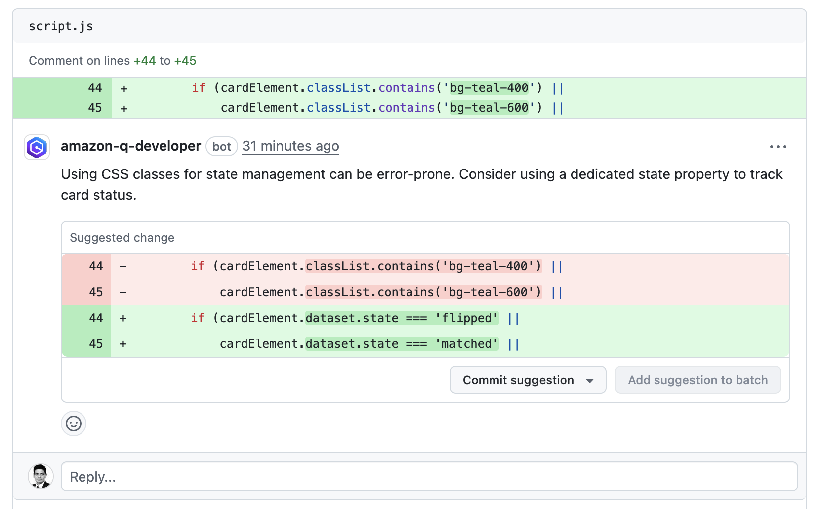 GitHub interface showing Amazon Q Developer's threaded findings, where each finding is organized as a separate comment thread with detailed explanations of identified issues in the code