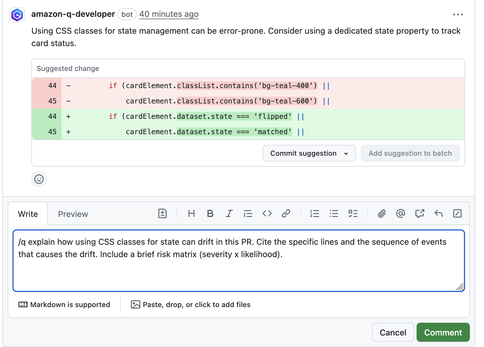 Screenshot showing a conversation thread where a developer uses the /q command to ask Amazon Q Developer for clarification about state property implementation in the card game