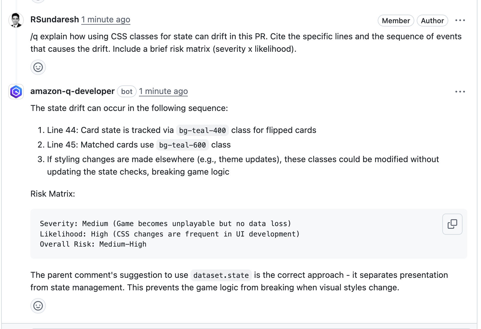GitHub interface displaying Amazon Q Developer's detailed response to the clarification request, providing context and specific explanations about the state property implementation recommendation