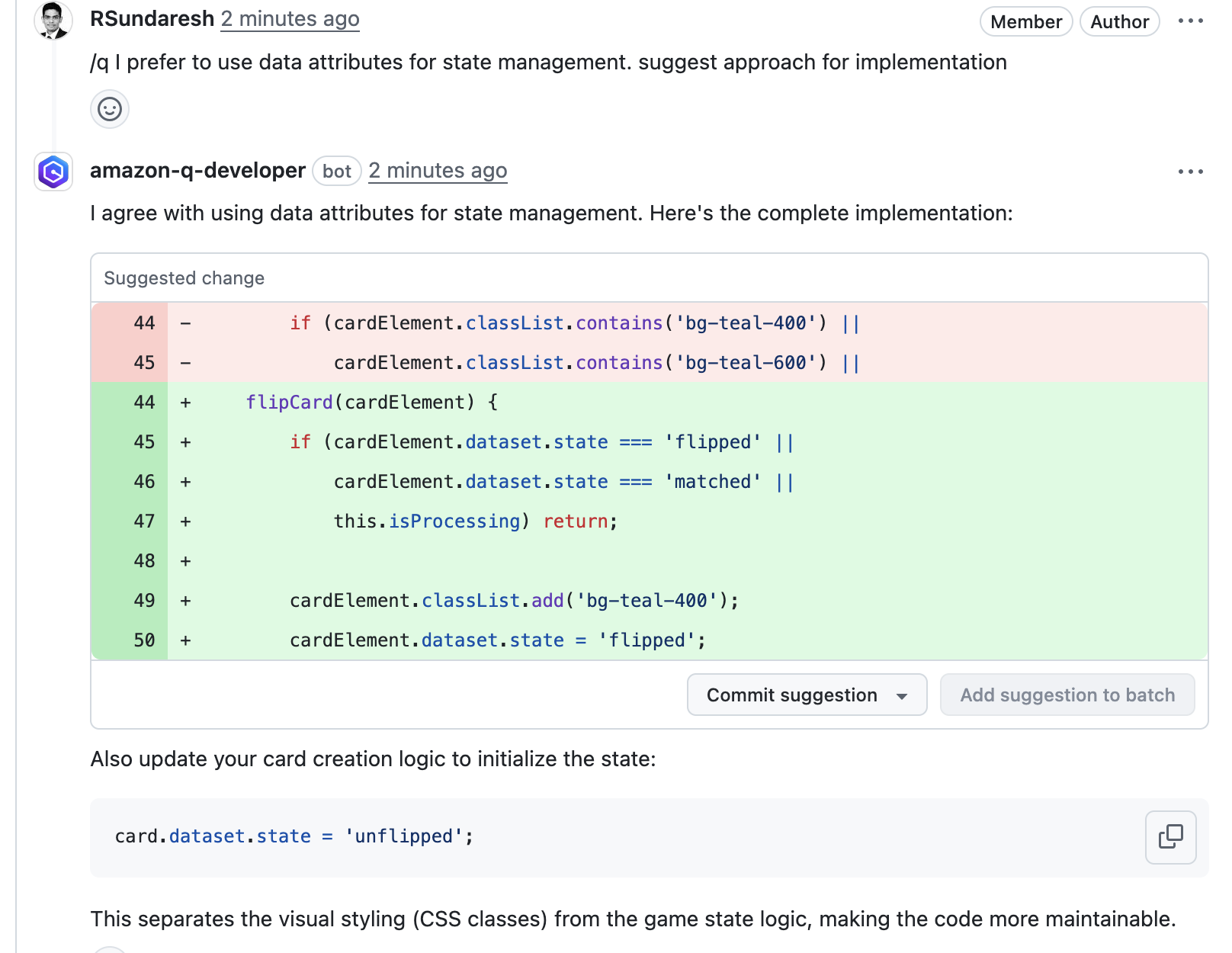GitHub interface showing a follow-up exchange between the developer and Amazon Q Developer, where the developer proposes an alternate approach and receives implementation suggestions