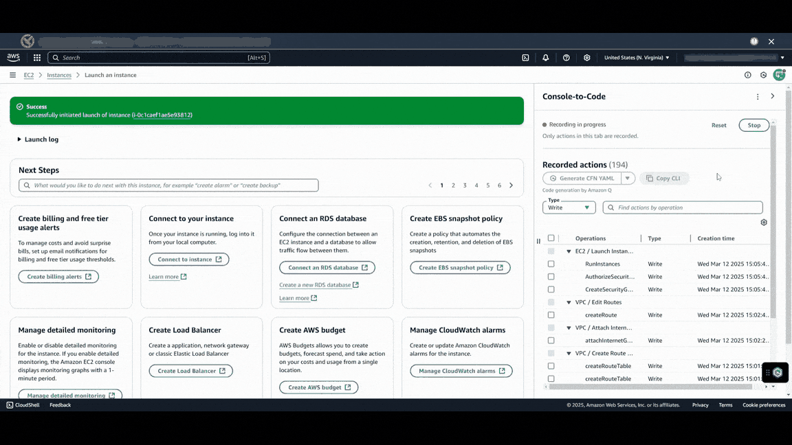 This gif shows the user stopping the recording, selecting desired actions, and generating infrastructure code in your preferred language through the Console-to-Code panel