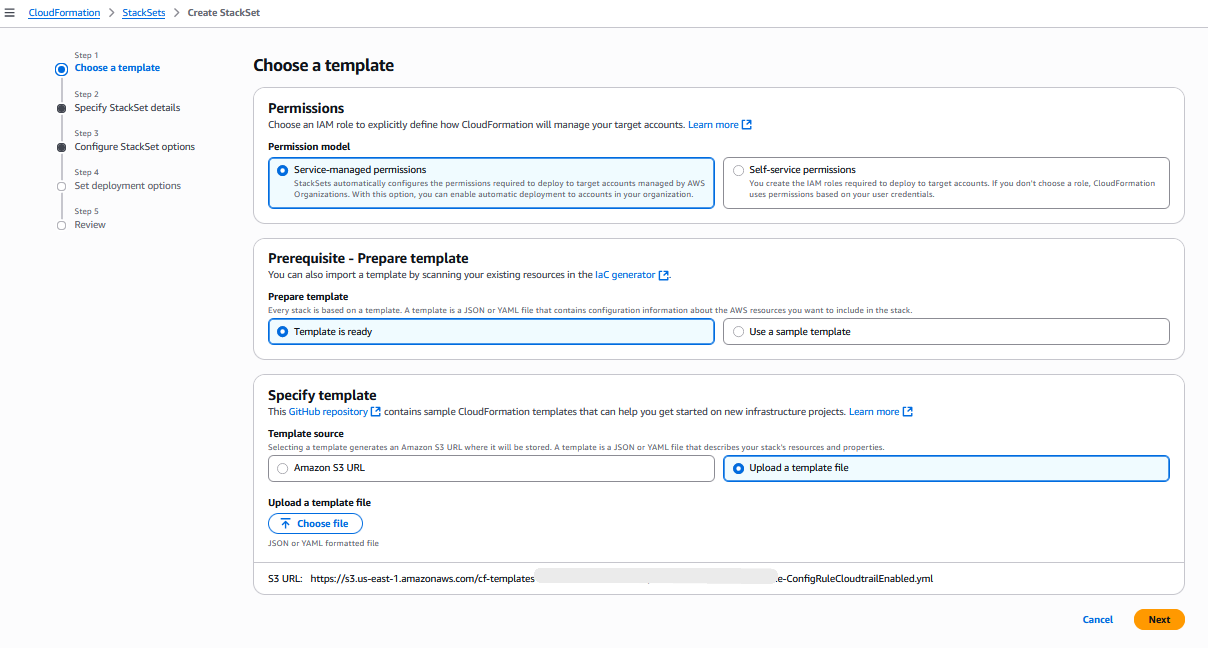 AWS CloudFormation Console: specify a template