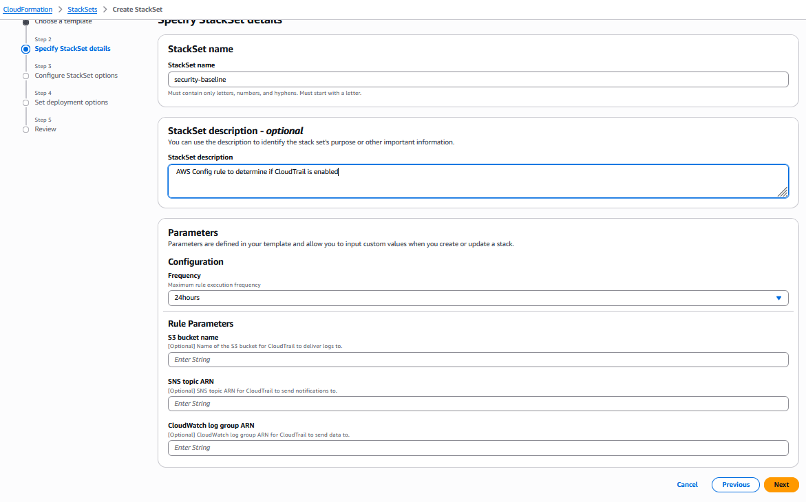 AWS CloudFormation Console: specify the StackSet name and parameters