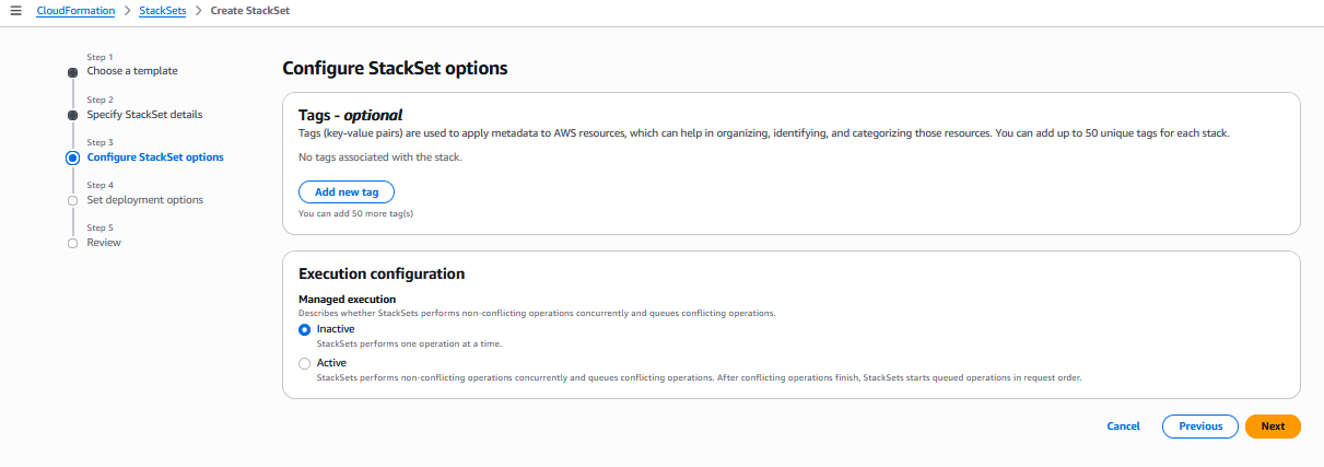 AWS CloudFormation Console: configure the StackSet options