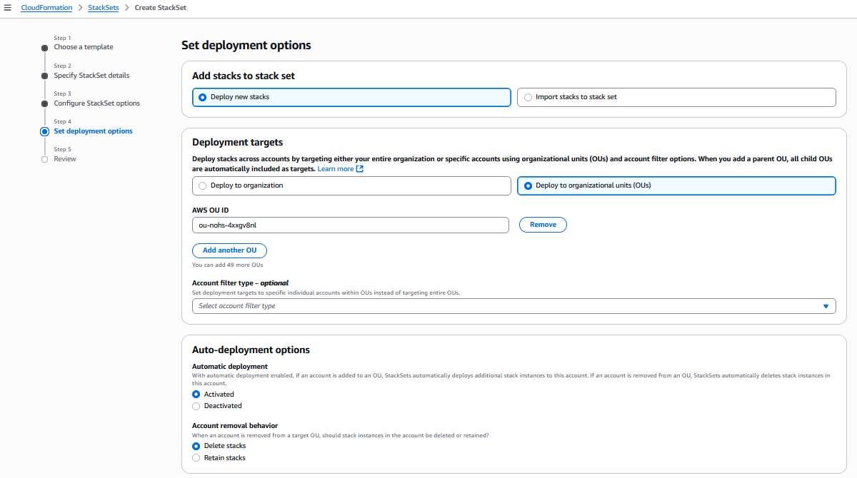 AWS CloudFormation Console: set deployment options
