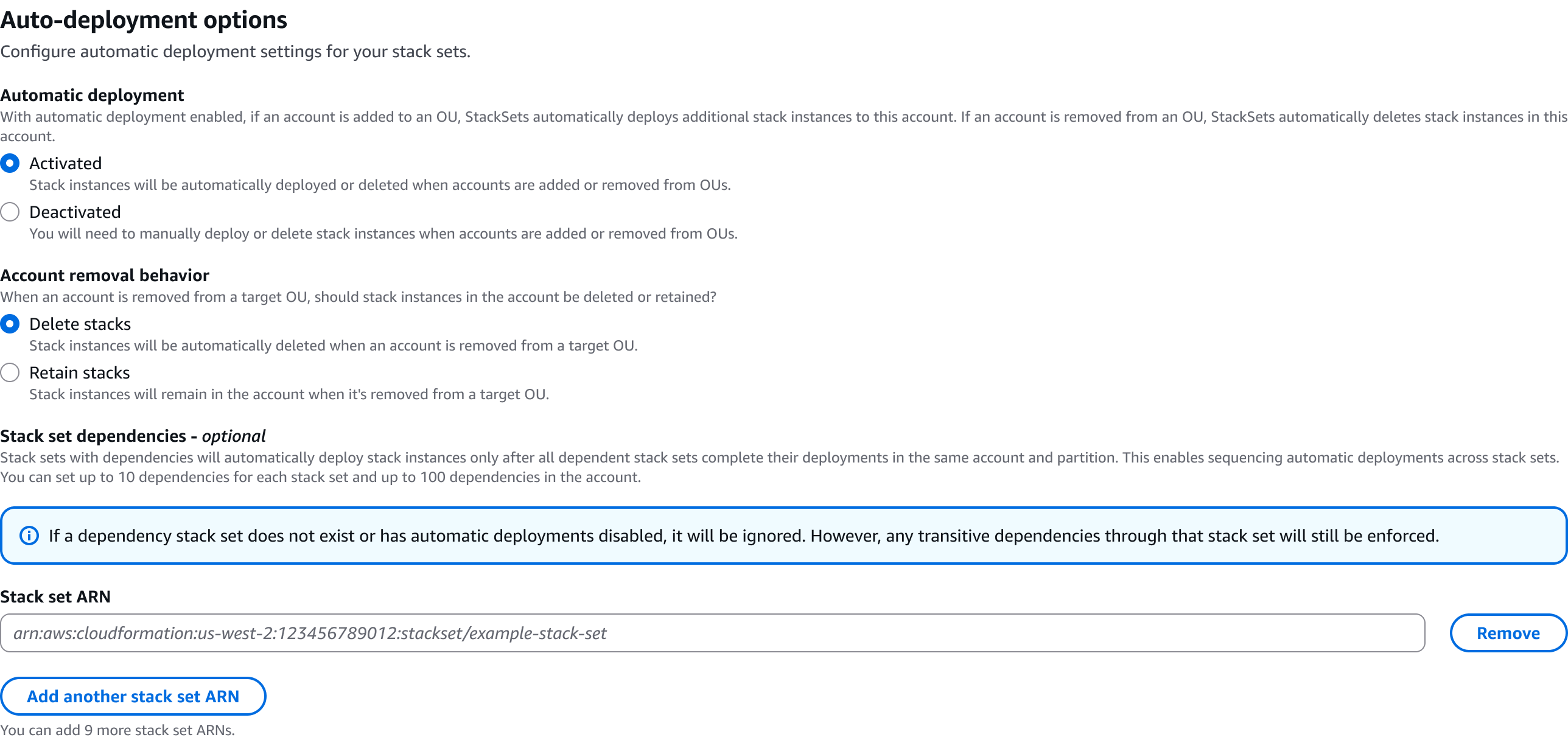 Figure : CloudFormation StackSets Console – Auto-deployment options view