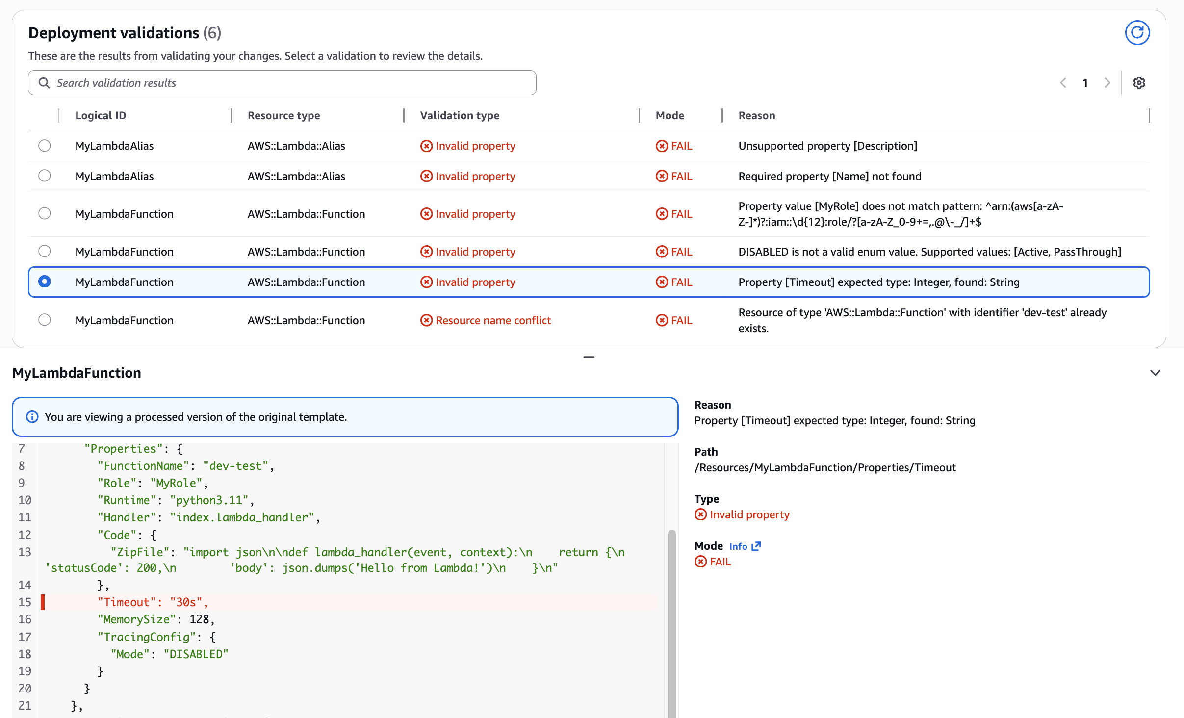 Figure 5: Validation of Lambda Function Timeout property type mismatch