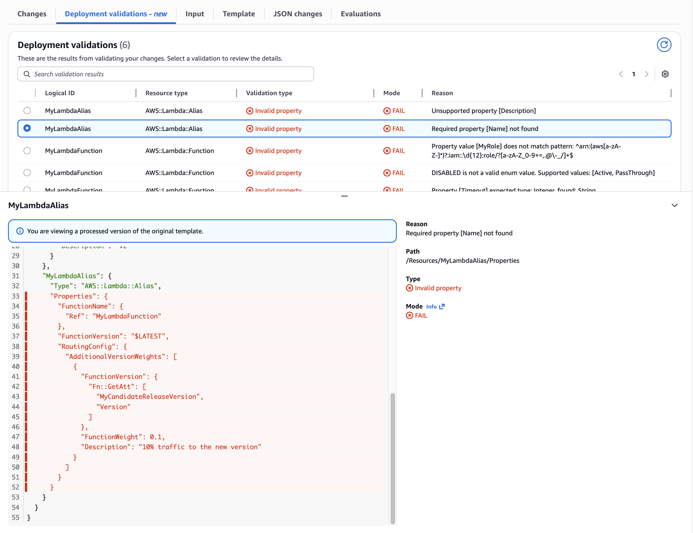 Figure 7: Validation of undefined required Lambda Alias Name property