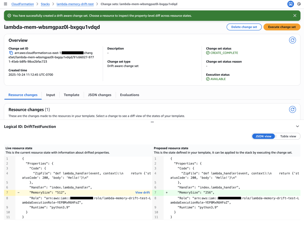 Examine the drift-aware change set to see the dangerous memory reduction that would occur