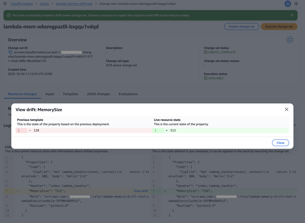 Examine the drift-aware change set to see the dangerous memory reduction that would occur