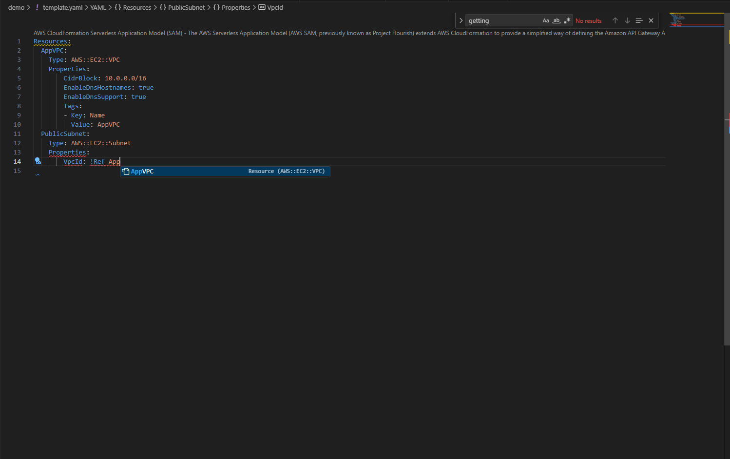 Type-aware completions for intrinsic functions like !GetAtt & !Ref