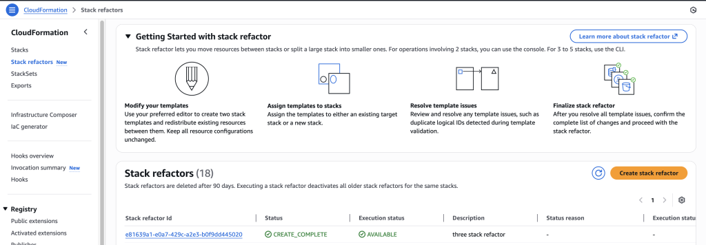 Go to stack CloudFormation console and go to ‘Stack refactor’ homepage, click on the stack refactor you just created.
