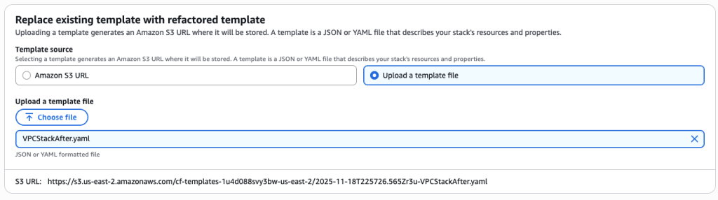 Upload the new template VPCStackAfter.yaml