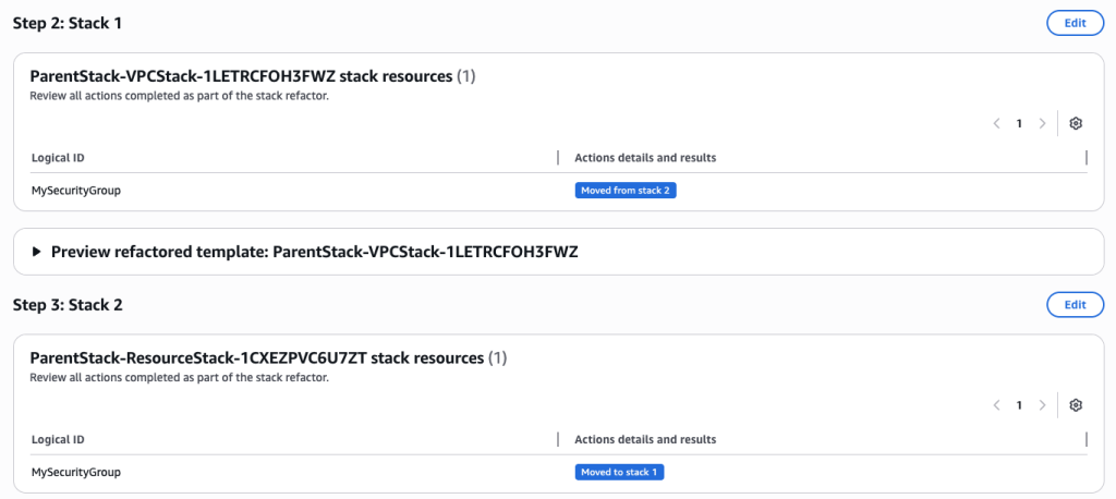 Review the Stack refactor. Once you have verified all the actions and details choose ‘Execute Refactor
