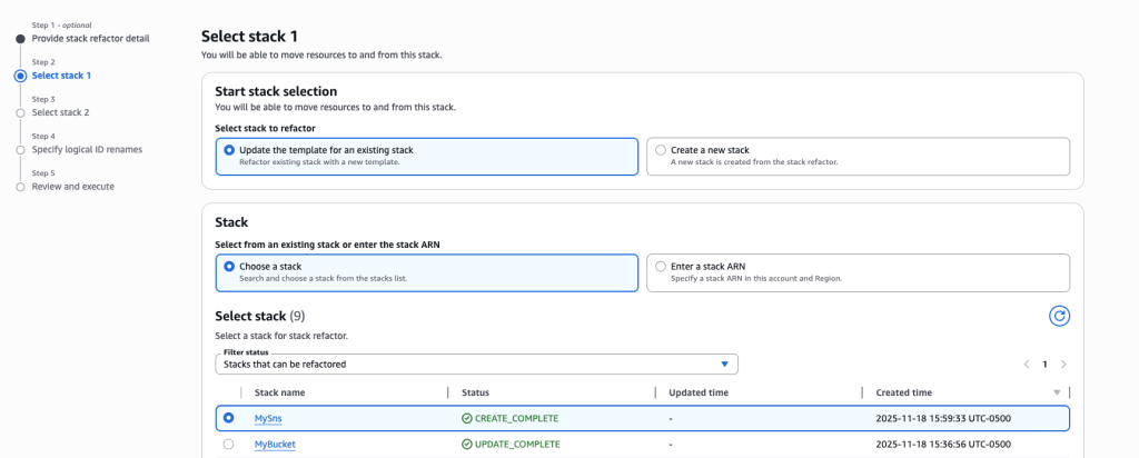 Search and choose the stack MySns that was created in Step 1.