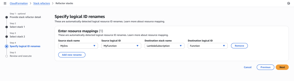 In some scenarios, CloudFormation console can automatically detect logical resource ID renames