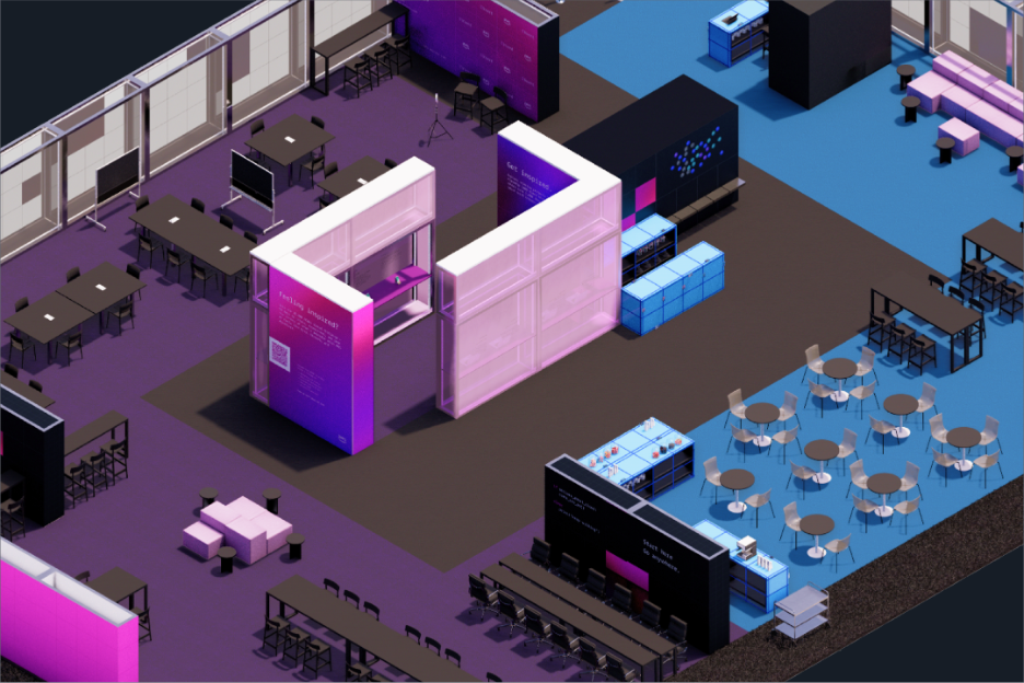 Isometric 3D rendering of an AWS re:Invent expo floor layout featuring purple and pink branded kiosks, blue seating areas with round tables, interactive display stations, and workspace zones in a modern conference environment.