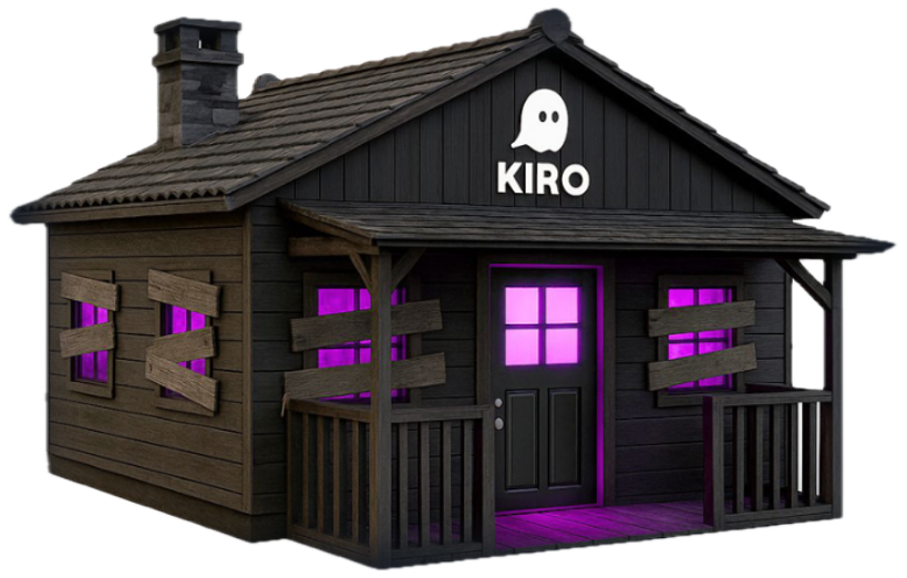 Rustic wooden cabin structure with "KIRO" branding and ghost logo on the roof, featuring boarded-up windows with glowing purple light emanating from behind, creating a haunted house aesthetic with a front porch and chimney.