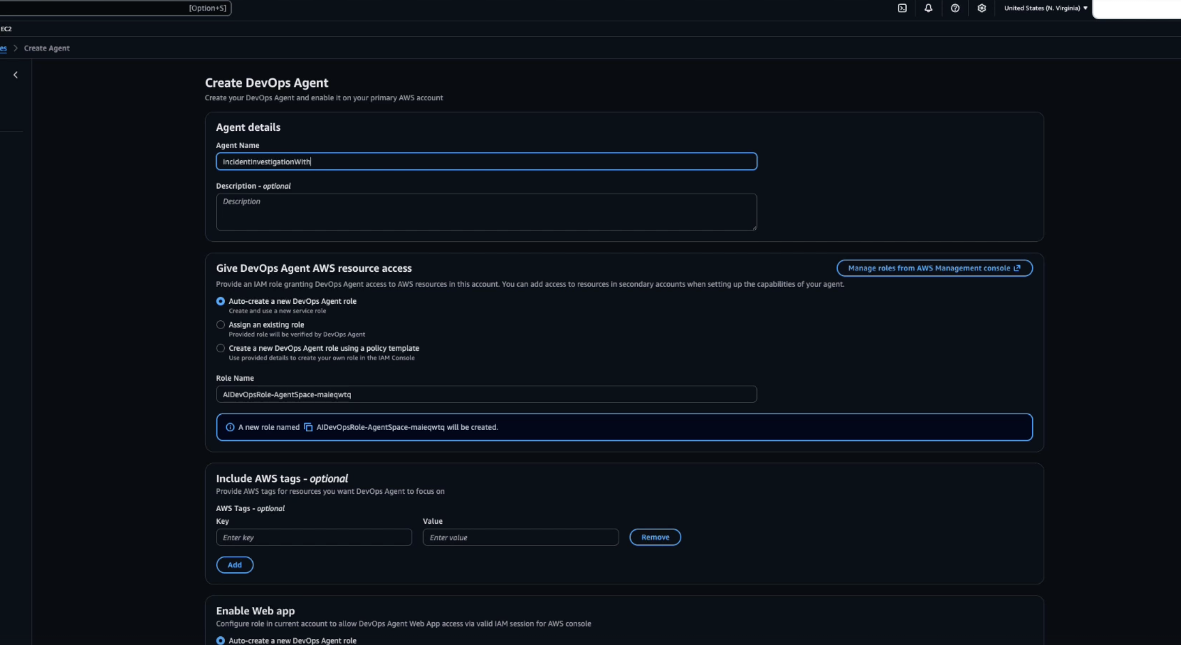 This is the configuration for creating an AWS DevOps Agent AgentSpace. The screen shows the option to create a DevOps Agents, with areas to give agent details, resource access, and more. The interface is dark blue theme. 