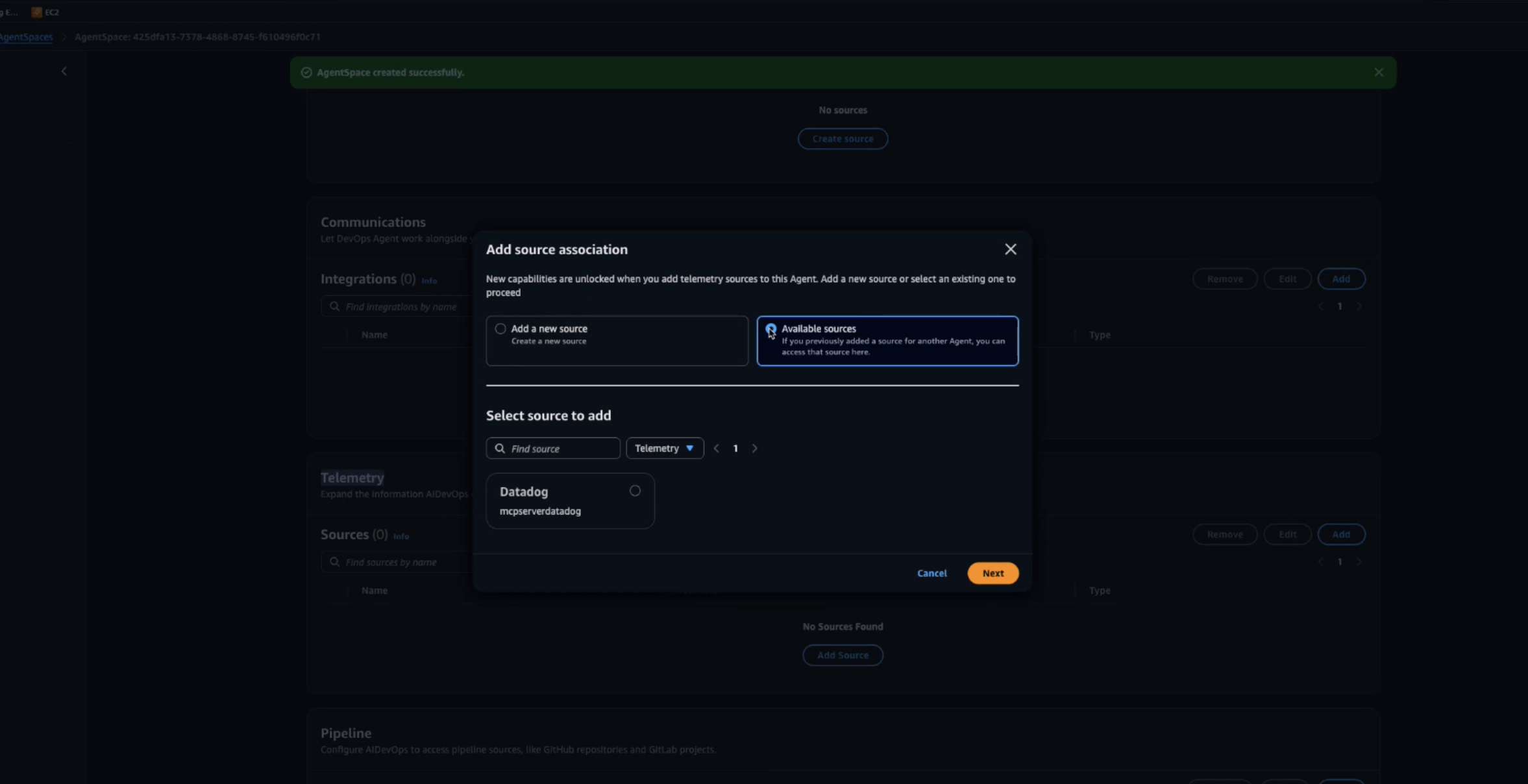 This is a page that has options for adding telemetry source (datadog) in agent space. Here, there is a pop-up to add source association. The selected source here to add is Datadog. 