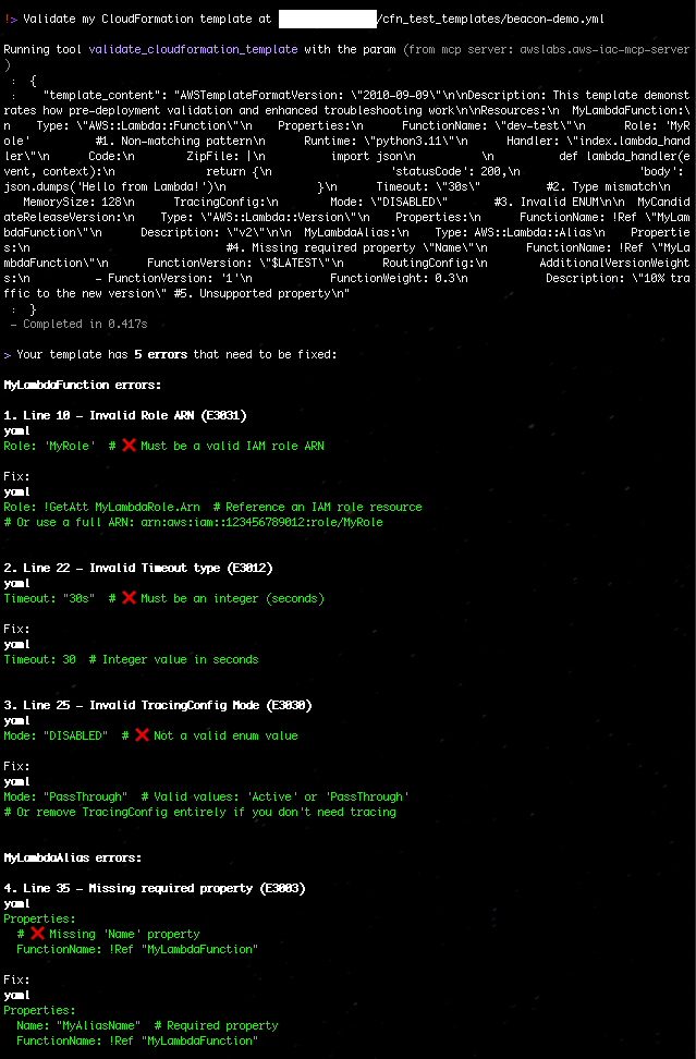 Figure 4: Validate my CloudFormation template with AWS IaC MCP Server