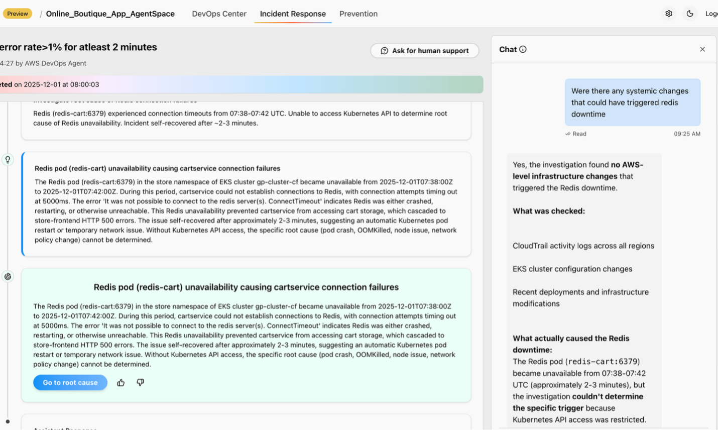 creen shot displaying AWS DevOps Agent / GoldenPath_App in the title bar with Incident Response tab selected. A timeline is visible on the lift and a chat window has been expanded on the right. The chat window contains a question and response.