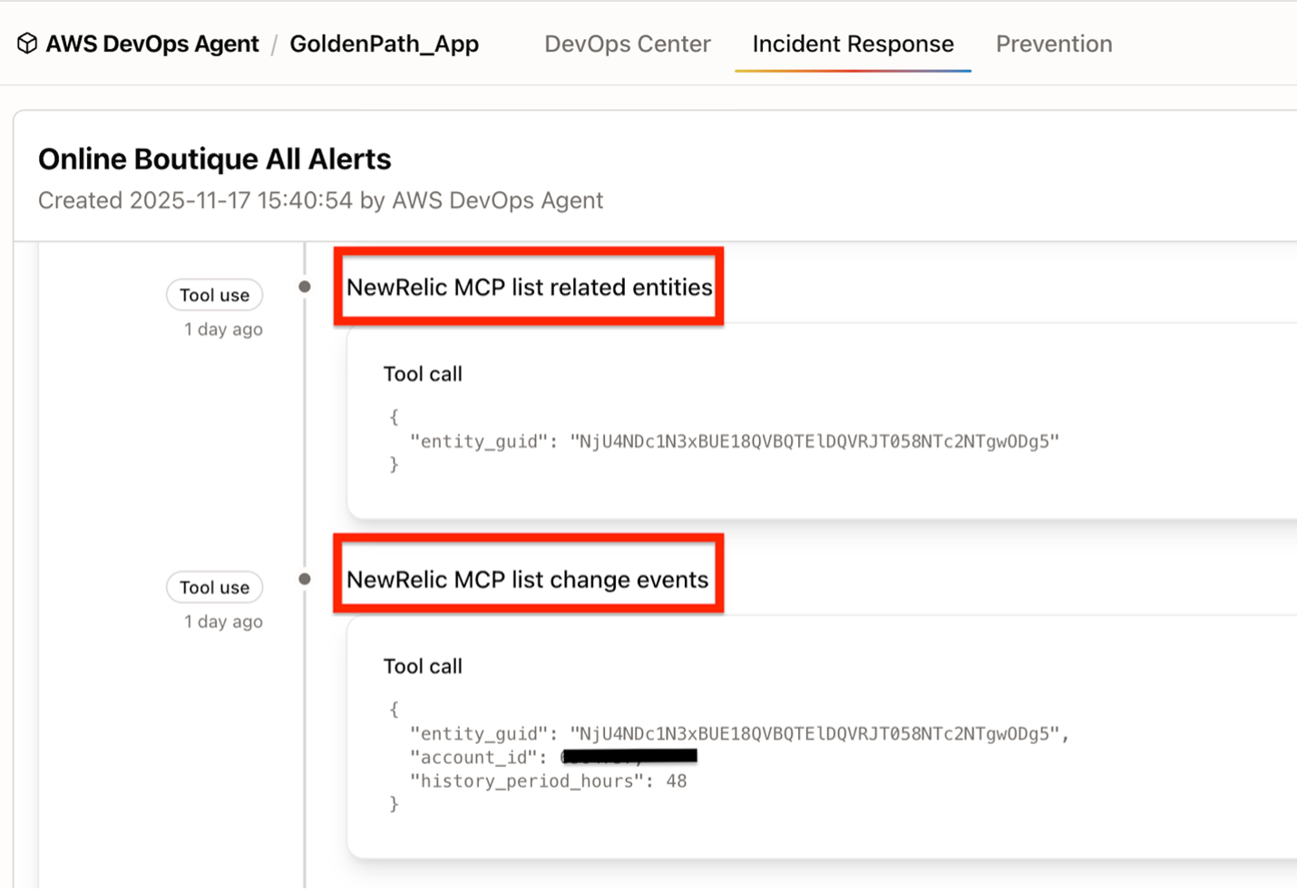 Zoomed in screen shot of the previous screen with red boxes highlighting two areas in the timeline which say NewRelic MCP list related entities and NewRelic MCP list change events. Each shots the detail for the tool call.