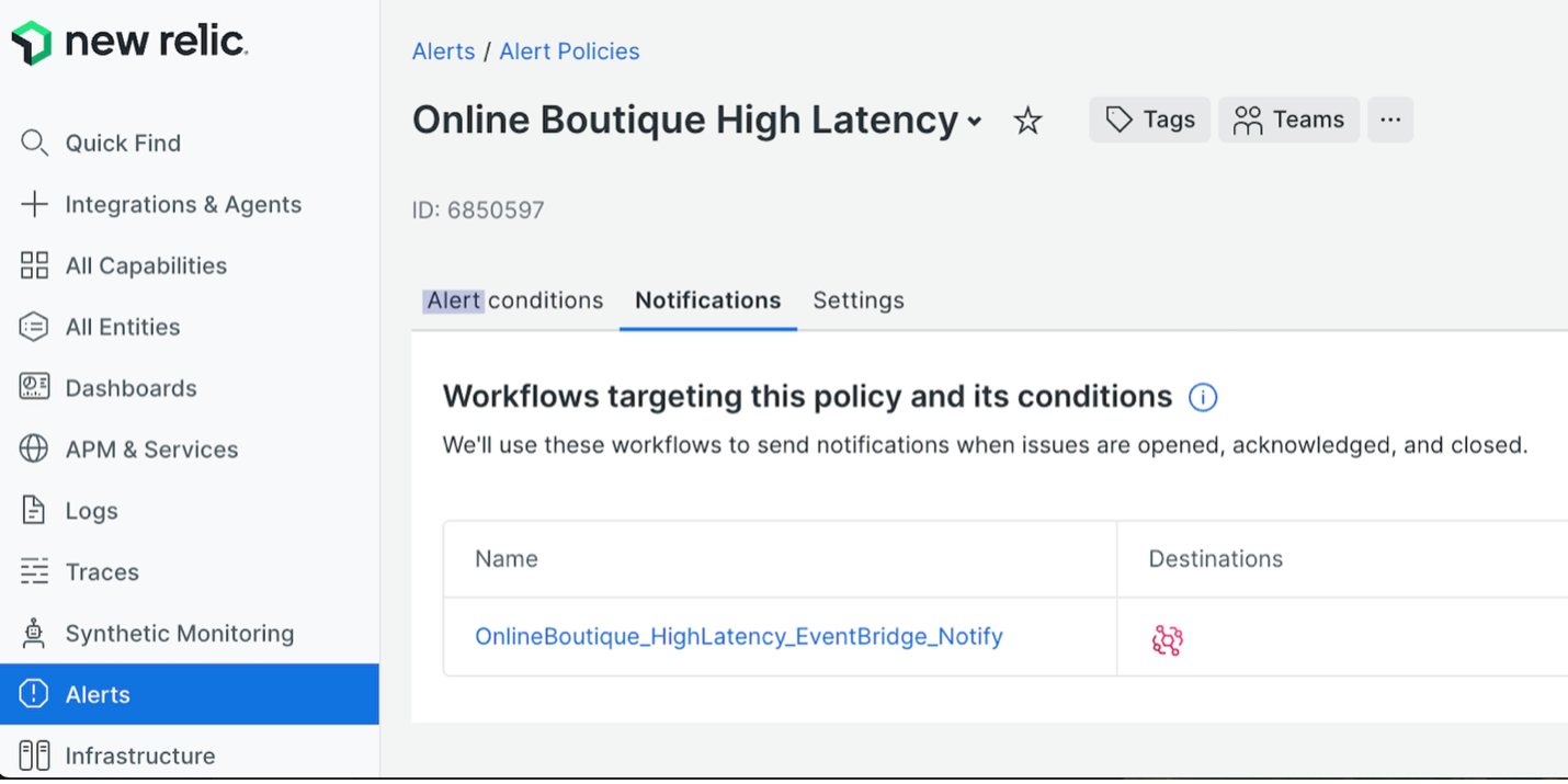 Screen shot displaying new relic logo in the top left corner. The screen is divided into a navigation bar on the left, with Alerts selected. In the pane to the right, Alerts / Alerts Policies is displayed at the top, and below that a title Online Boutique High Latency appears. The notifications tab below that is selected.