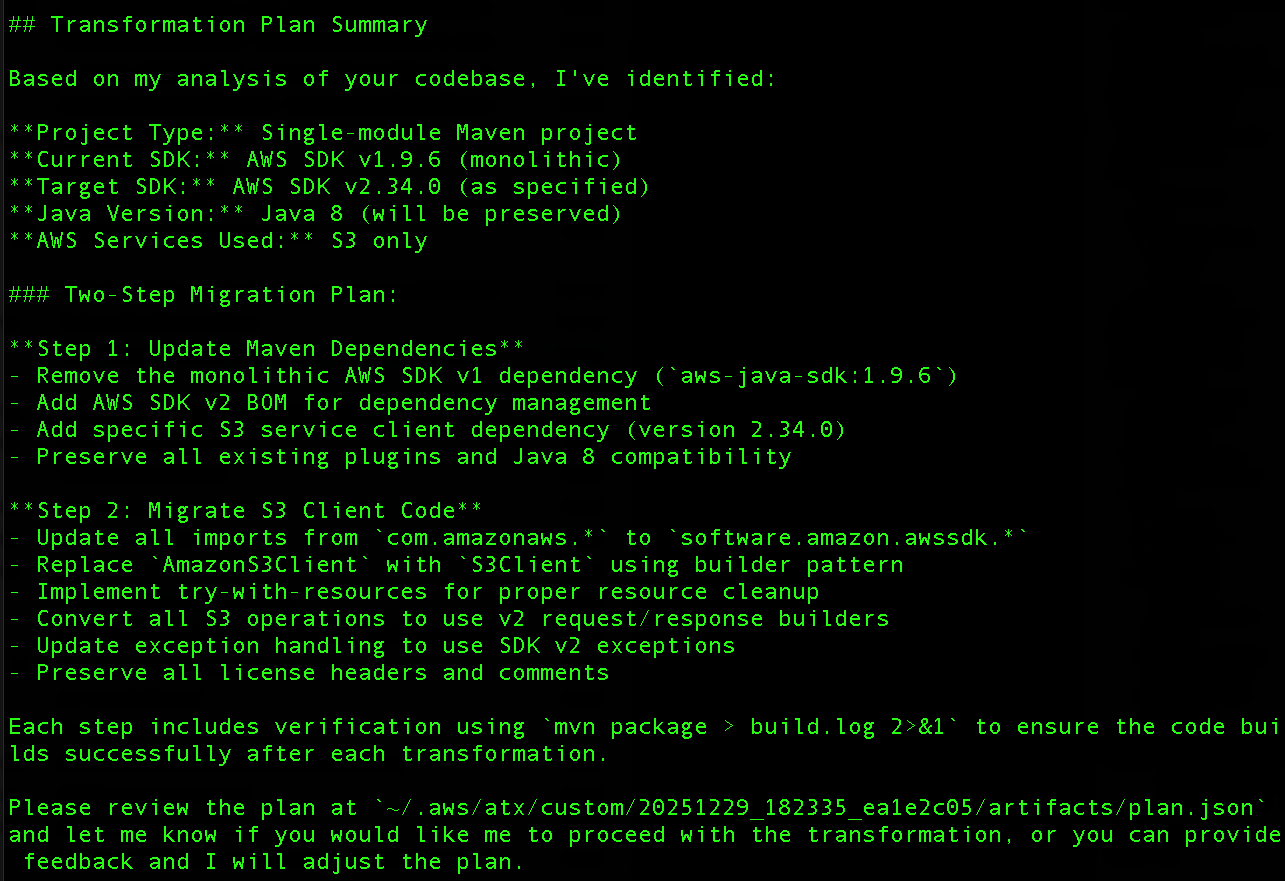 Transformation plan output
